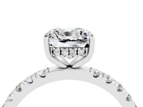 White gold Cushion Cut Moissanite Pave Band Solitaire Ring with Four-Prong Setting_16