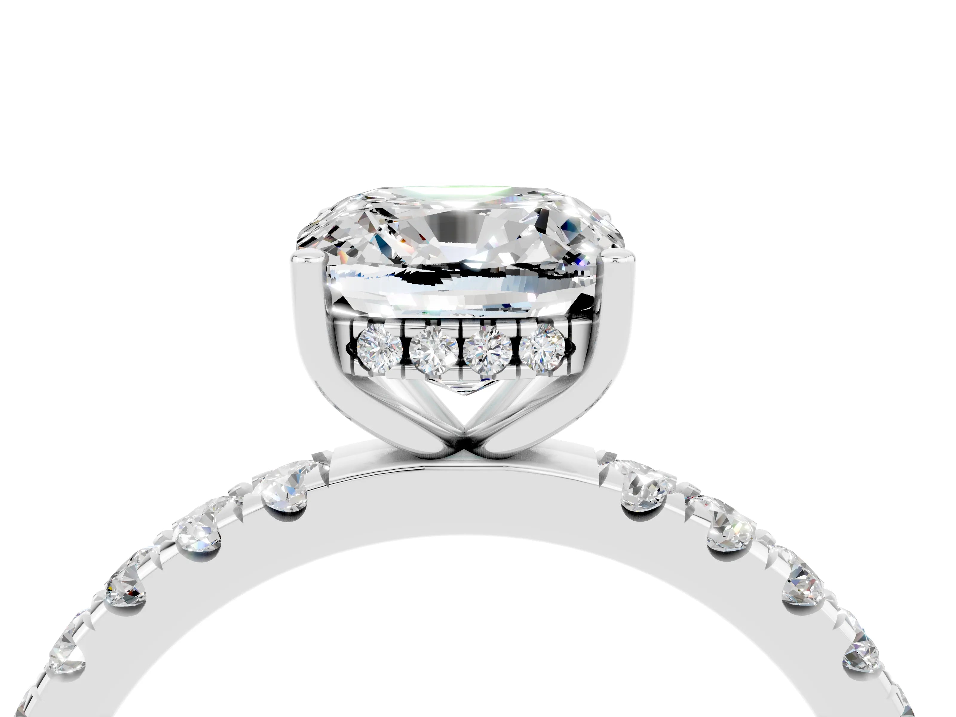 White gold Cushion Cut Moissanite Pave Band Solitaire Ring with Four-Prong Setting_16
