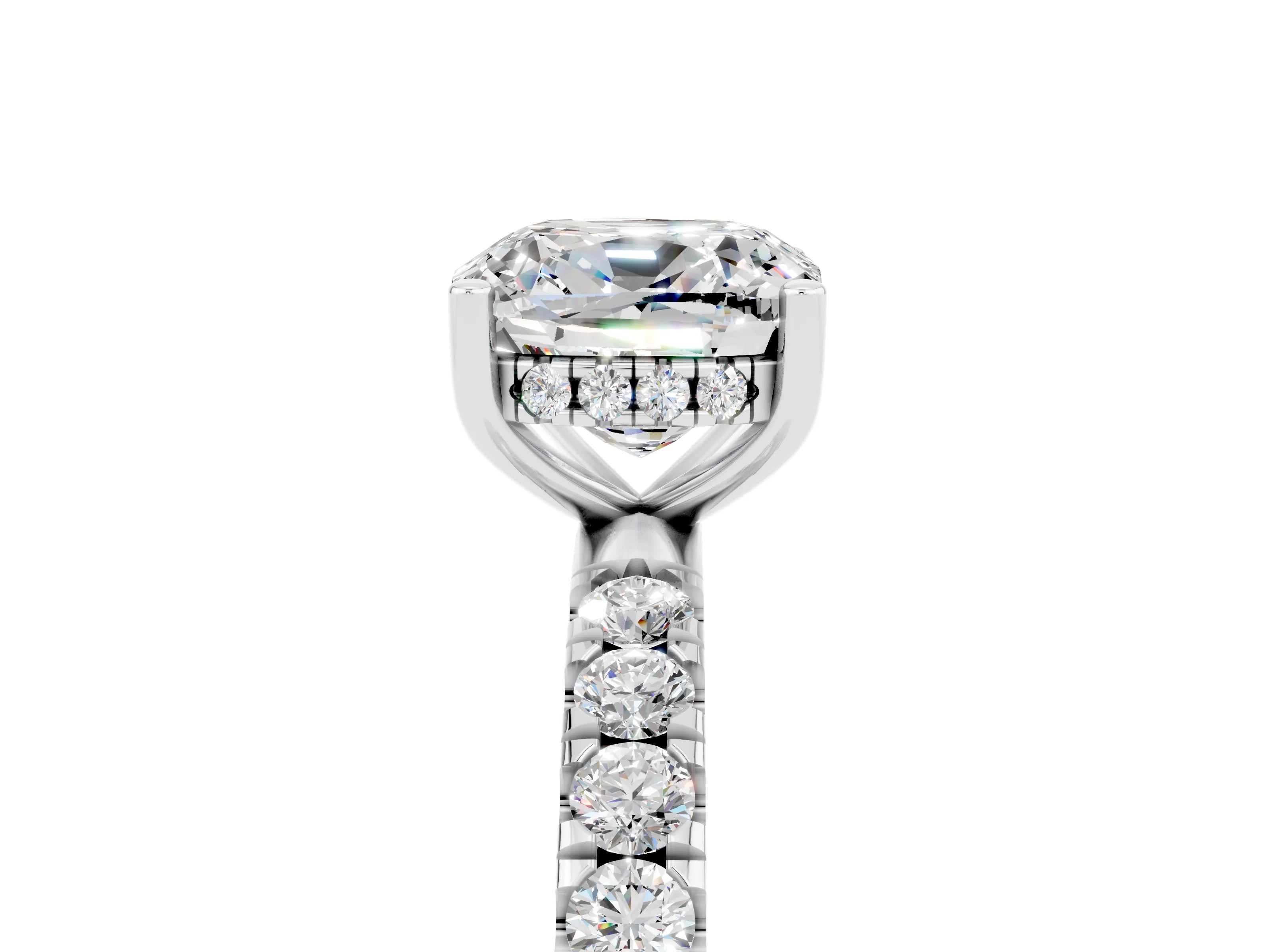 White gold Cushion Cut Moissanite Pave Band Solitaire Ring with Four-Prong Setting_17
