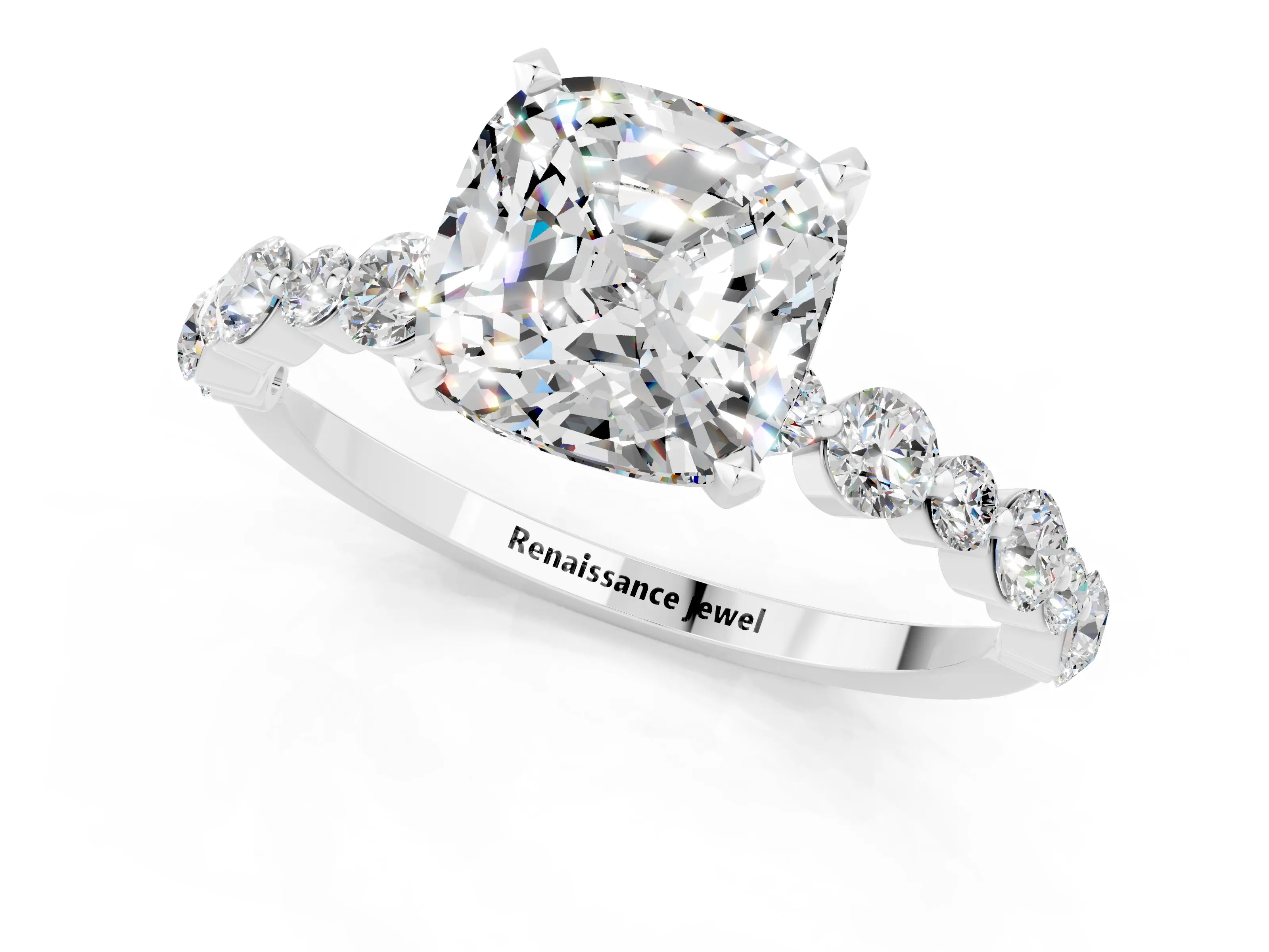 White gold Cushion Cut Moissanite Prong Set Engagement Ring with Pavé Band_1