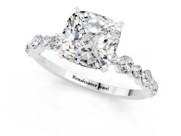 Silver Cushion Cut Moissanite Prong Set Engagement Ring with Pavé Band