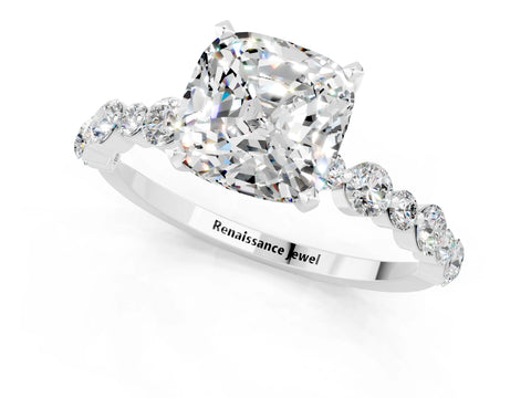 White gold Cushion Cut Moissanite Prong Set Engagement Ring with Pavé Band_1