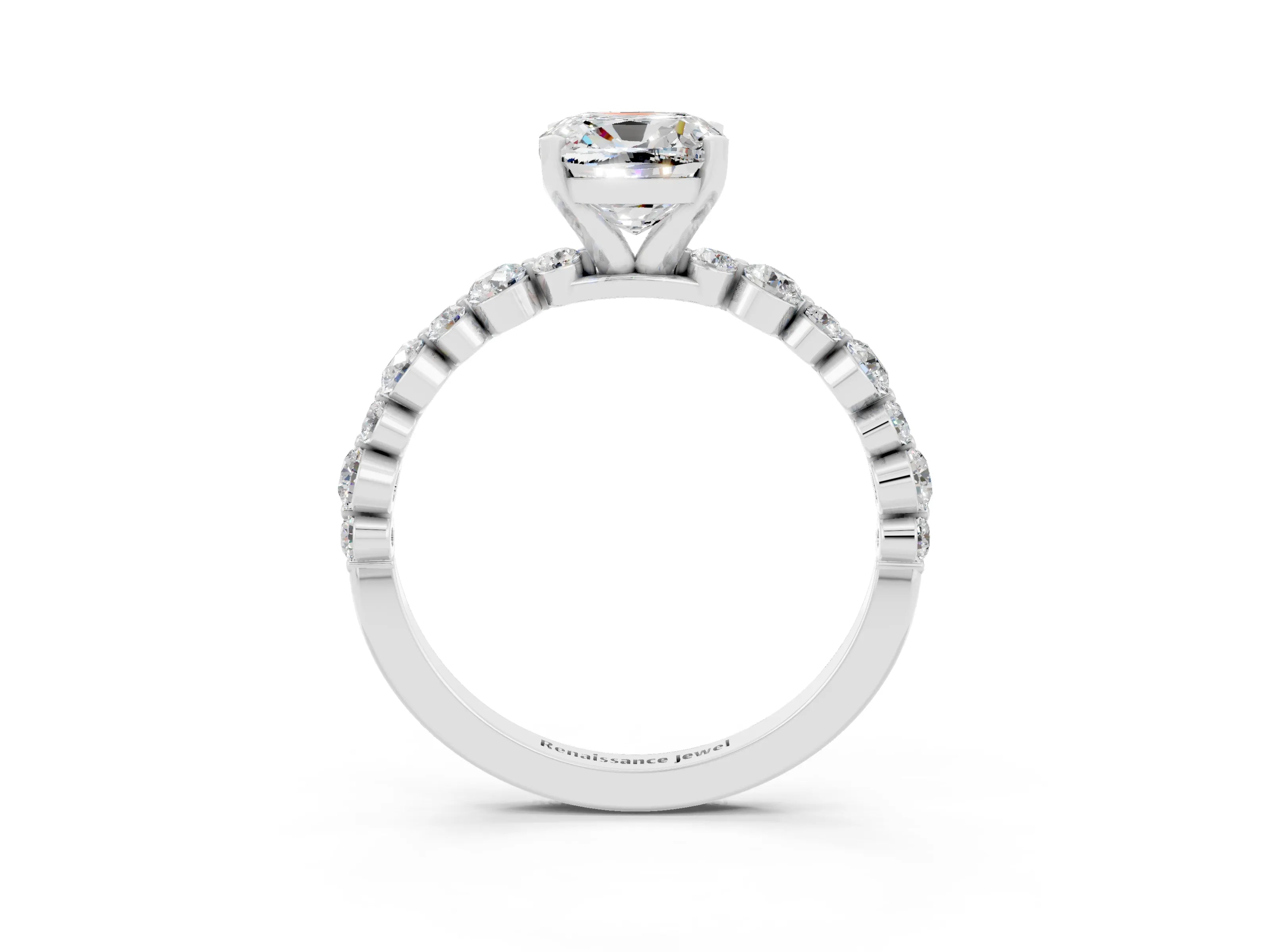White gold Cushion Cut Moissanite Prong Set Engagement Ring with Pavé Band_3