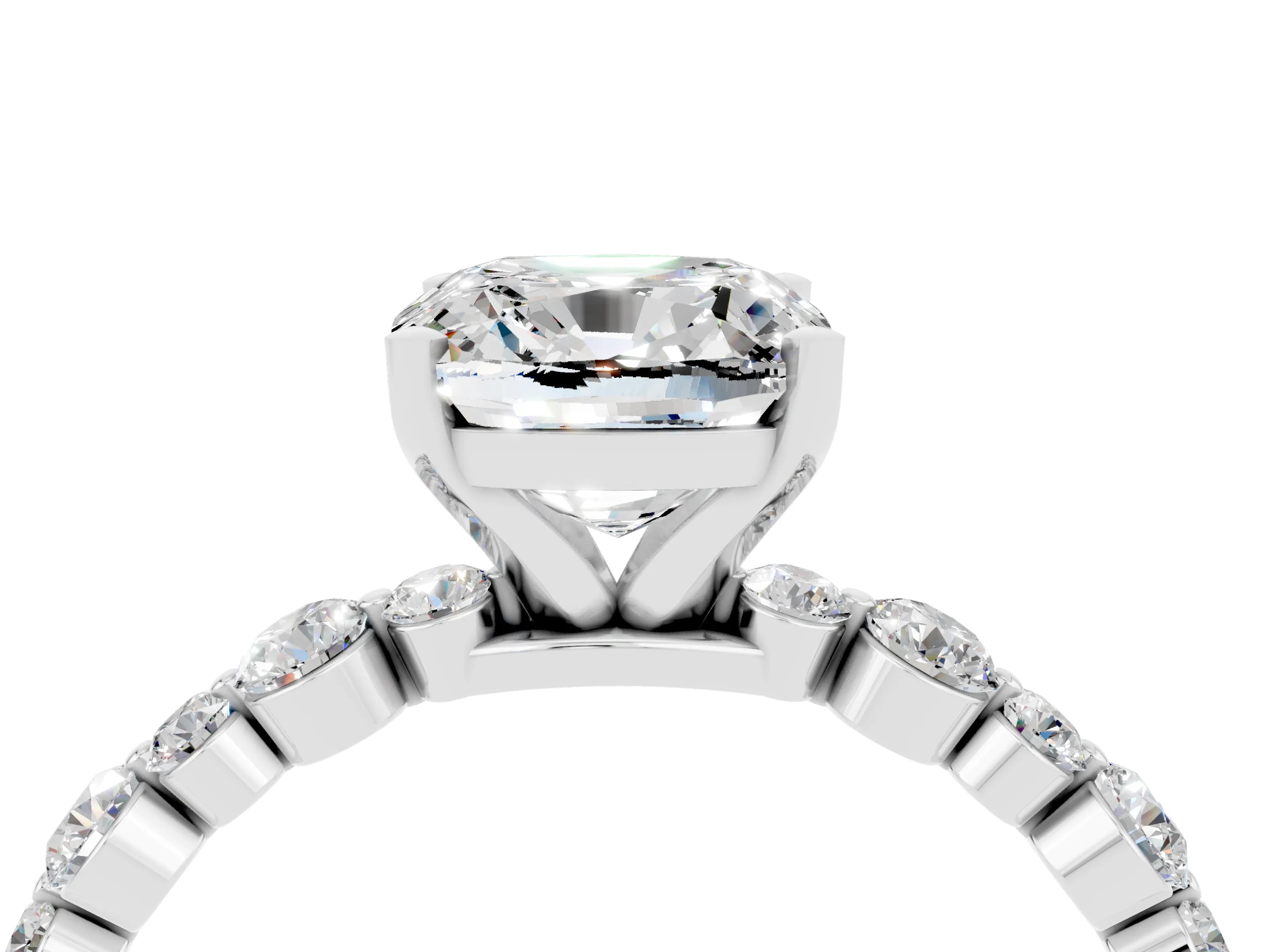White gold Cushion Cut Moissanite Prong Set Engagement Ring with Pavé Band_4
