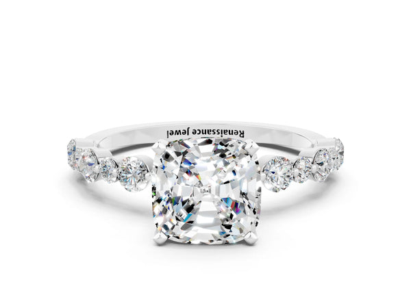 White gold Cushion Cut Moissanite Prong Set Engagement Ring with Pavé Band