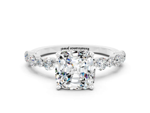 White gold Cushion Cut Moissanite Prong Set Engagement Ring with Pavé Band