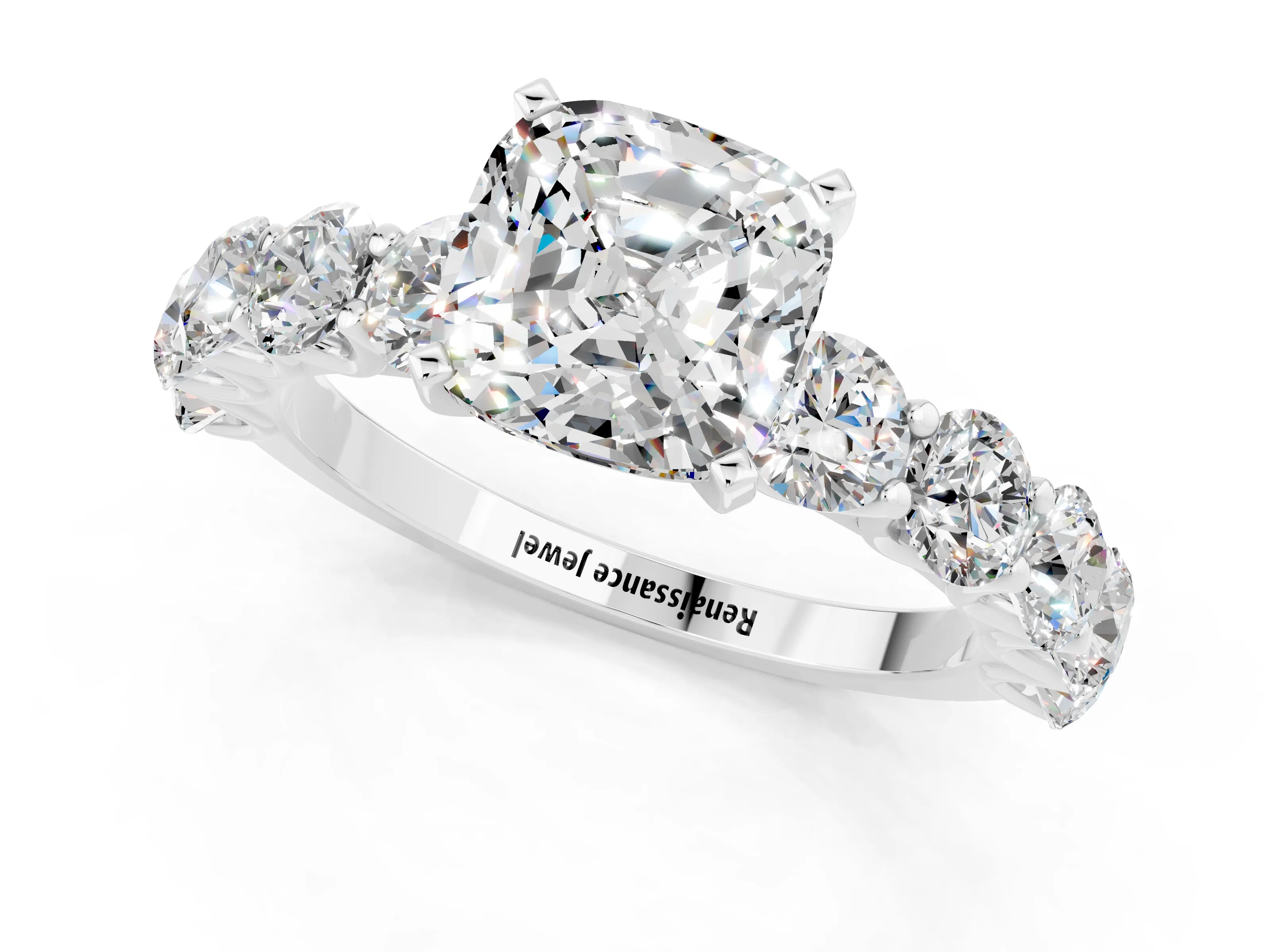 White gold Cushion Cut Moissanite Prong Setting with Side Stones on a Pave Band_1