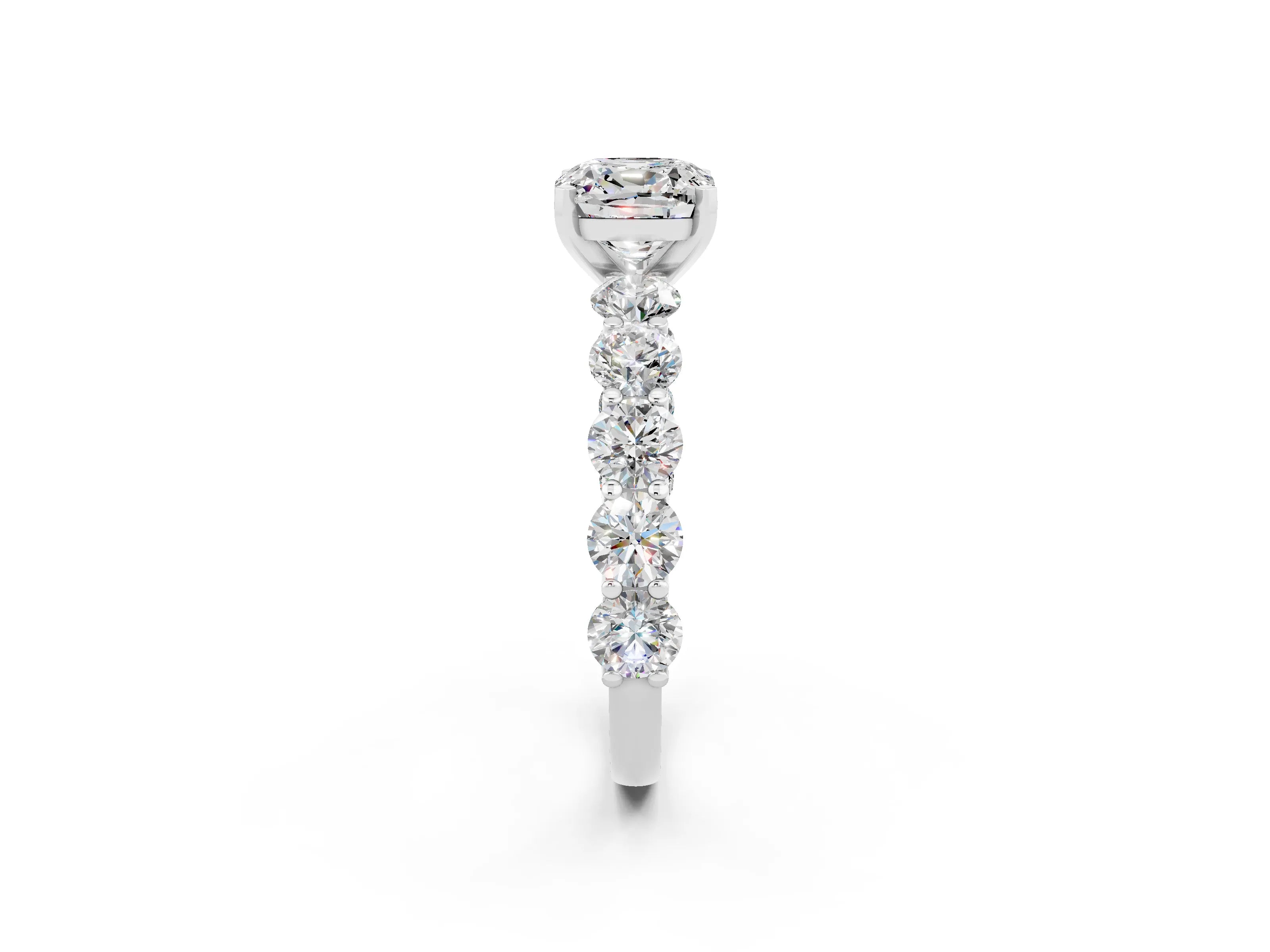 White gold Cushion Cut Moissanite Prong Setting with Side Stones on a Pave Band_2