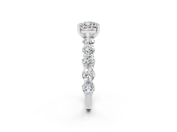 Silver Cushion Cut Moissanite Prong Setting with Side Stones on a Pave Band