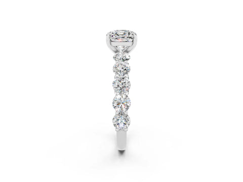 White gold Cushion Cut Moissanite Prong Setting with Side Stones on a Pave Band_2