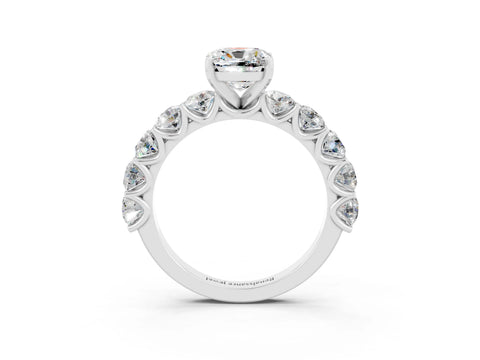 White gold Cushion Cut Moissanite Prong Setting with Side Stones on a Pave Band_3