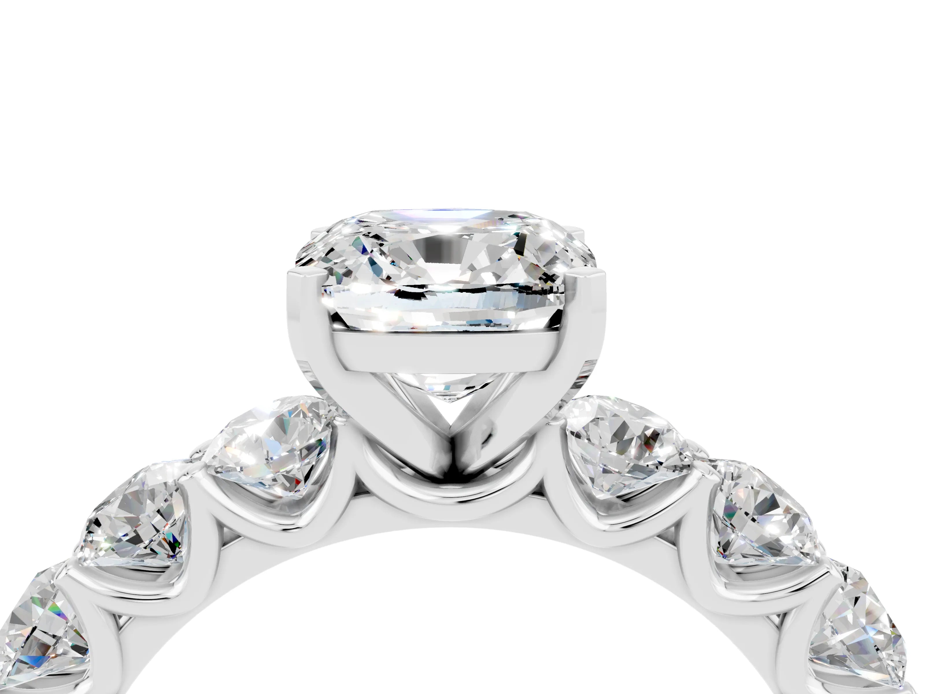 White gold Cushion Cut Moissanite Prong Setting with Side Stones on a Pave Band_4
