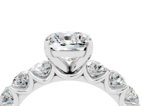 White gold Cushion Cut Moissanite Prong Setting with Side Stones on a Pave Band_4