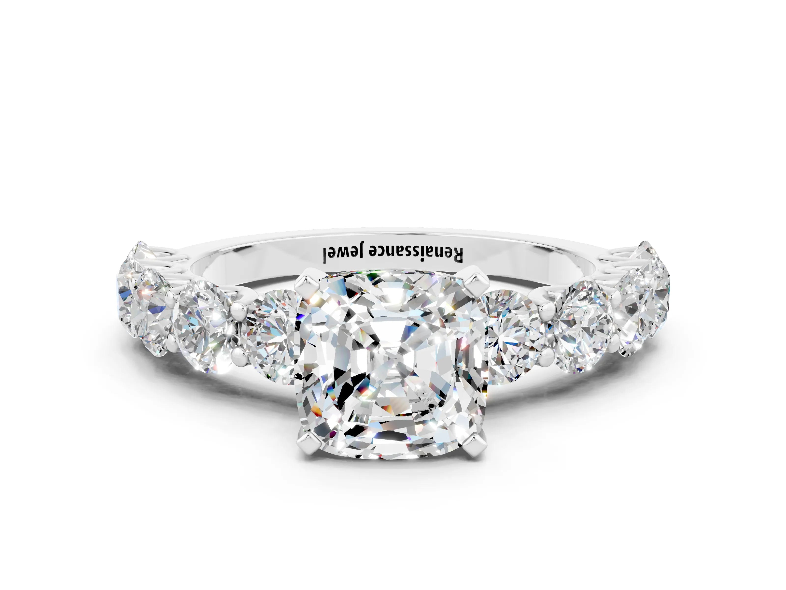 White gold Cushion Cut Moissanite Prong Setting with Side Stones on a Pave Band