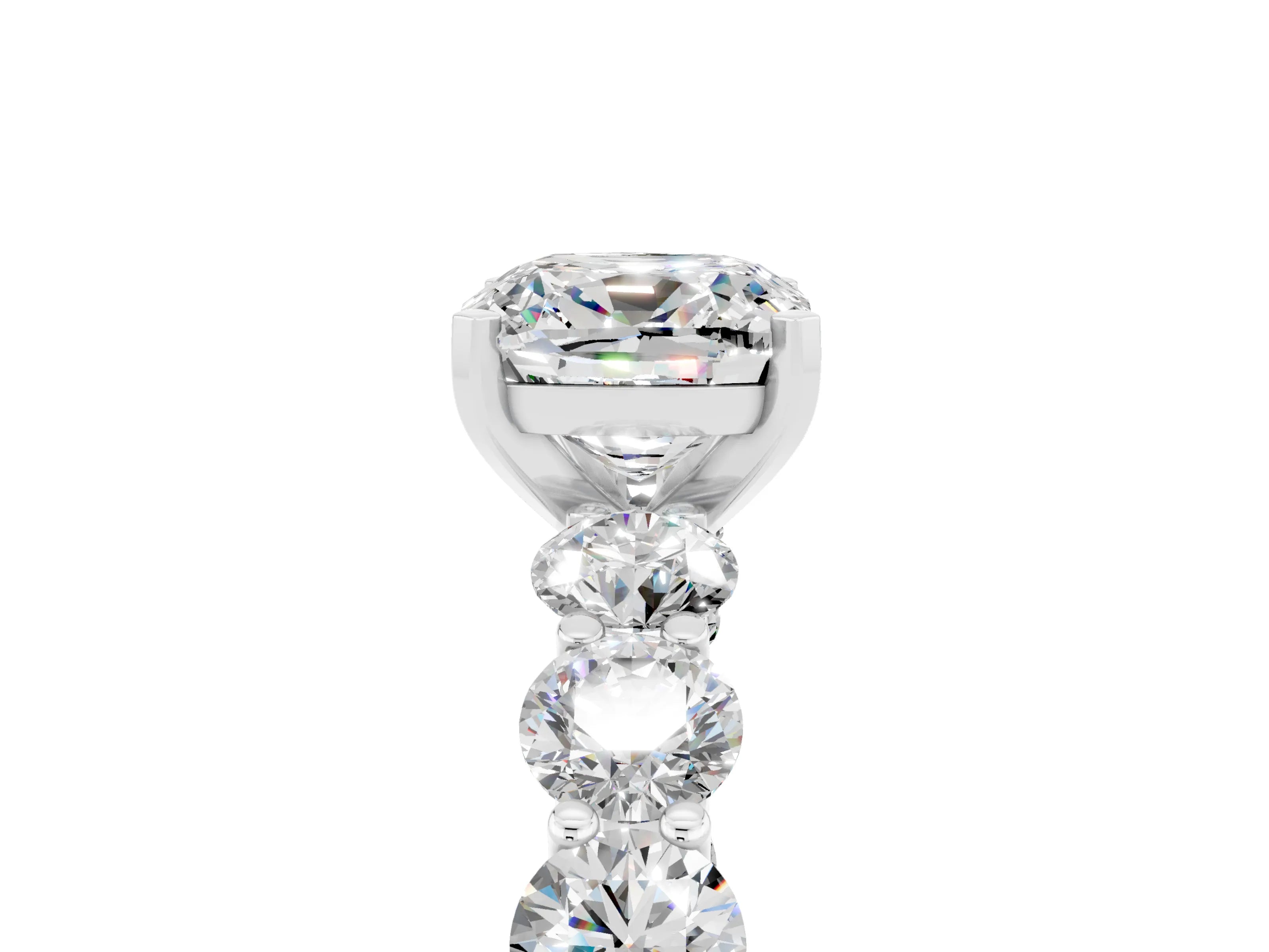 White gold Cushion Cut Moissanite Prong Setting with Side Stones on a Pave Band_5