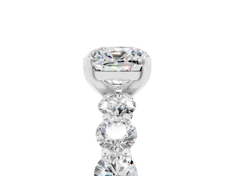 White gold Cushion Cut Moissanite Prong Setting with Side Stones on a Pave Band_5
