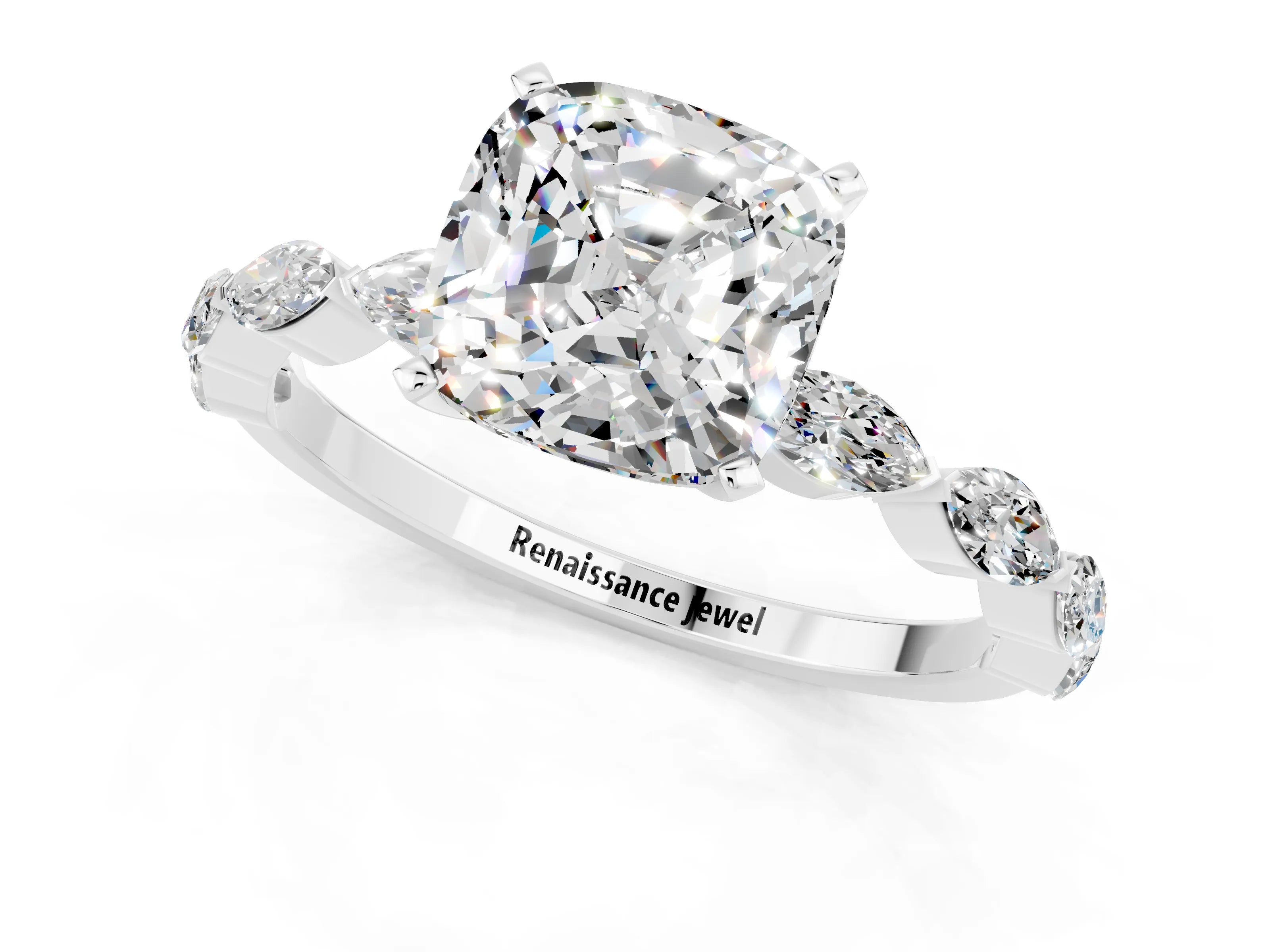 White gold Cushion Cut Moissanite Ring with Marquise Side Stones and Prong Setting_1