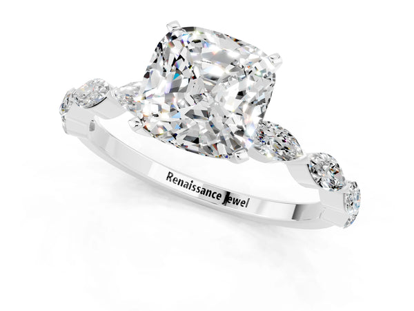 White gold Cushion Cut Moissanite Ring with Marquise Side Stones and Prong Setting