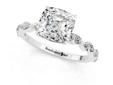 White gold Cushion Cut Moissanite Ring with Marquise Side Stones and Prong Setting_1