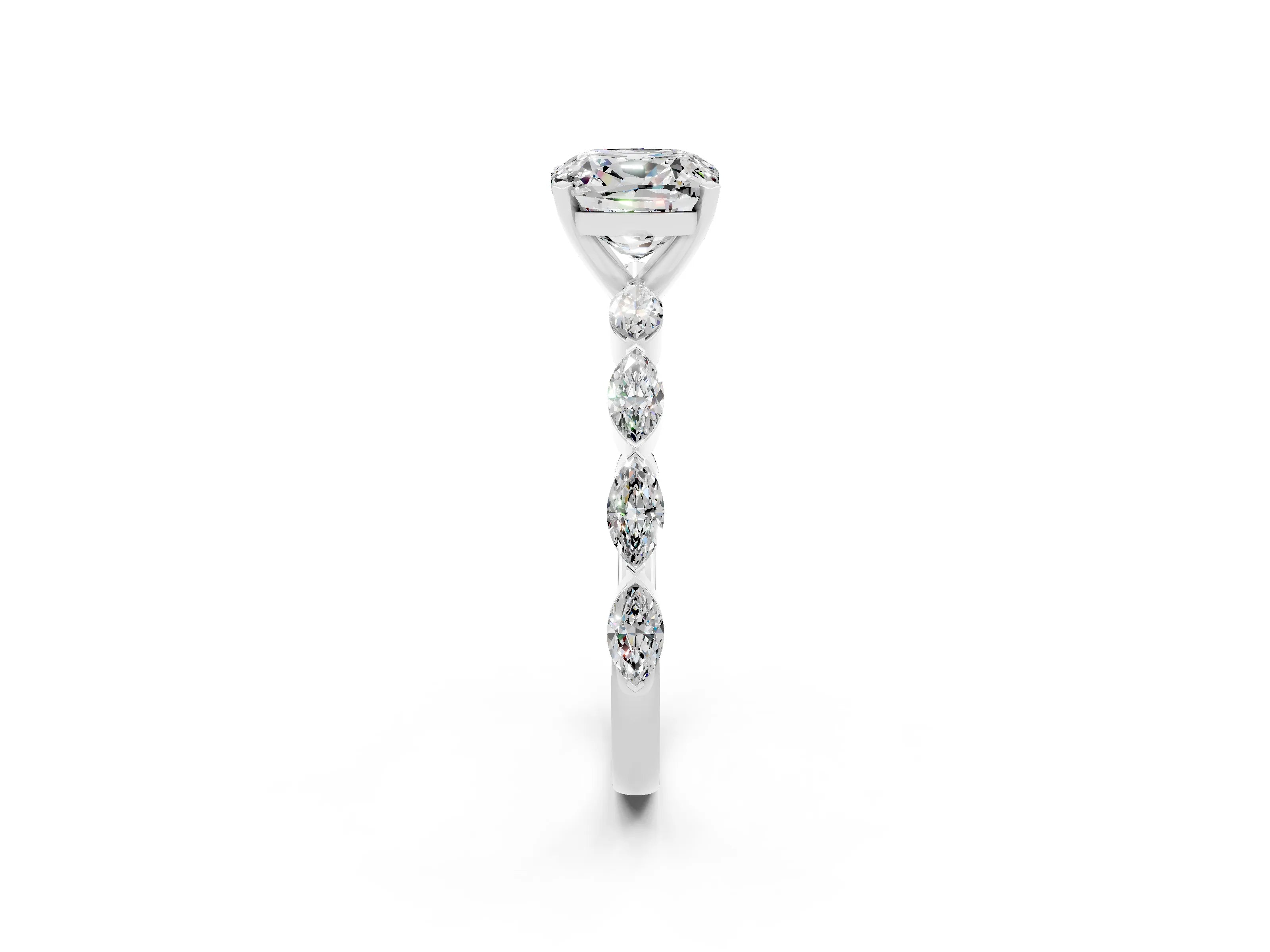 White gold Cushion Cut Moissanite Ring with Marquise Side Stones and Prong Setting_2