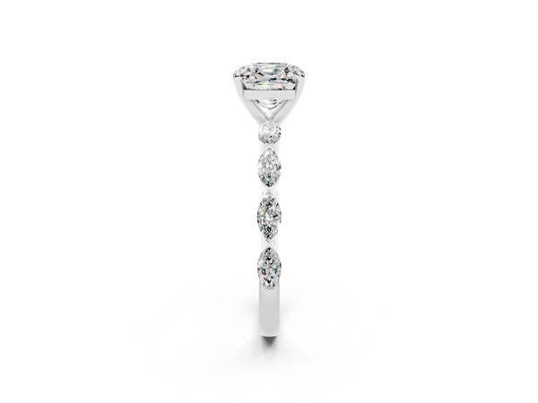 Platinum Cushion Cut Moissanite Ring with Marquise Side Stones and Prong Setting