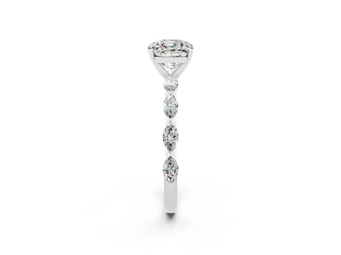 White gold Cushion Cut Moissanite Ring with Marquise Side Stones and Prong Setting_2