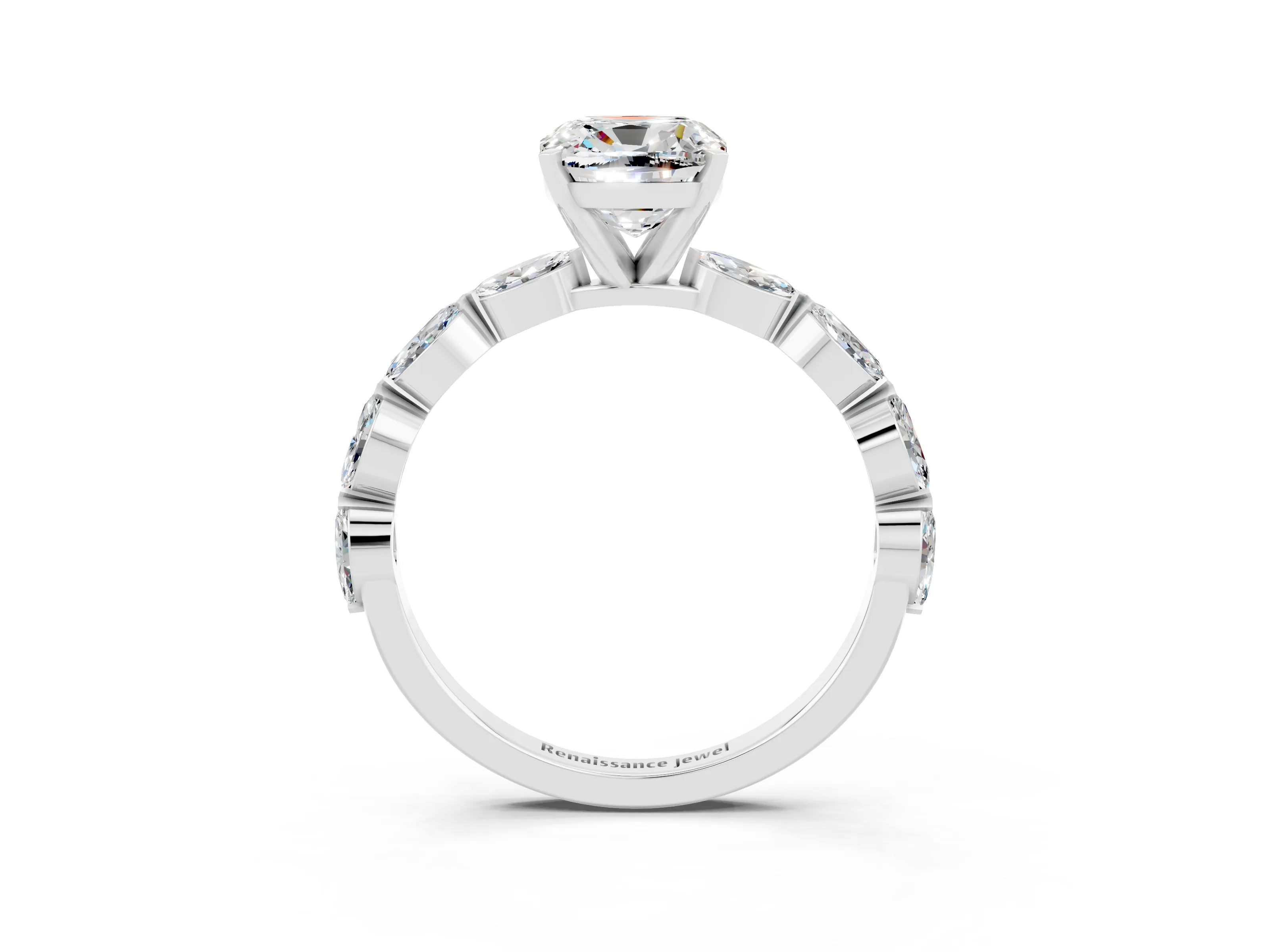 White gold Cushion Cut Moissanite Ring with Marquise Side Stones and Prong Setting_3