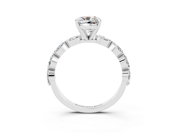 White gold Cushion Cut Moissanite Ring with Marquise Side Stones and Prong Setting