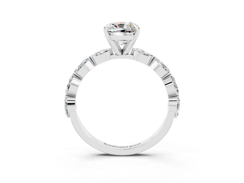 White gold Cushion Cut Moissanite Ring with Marquise Side Stones and Prong Setting_3