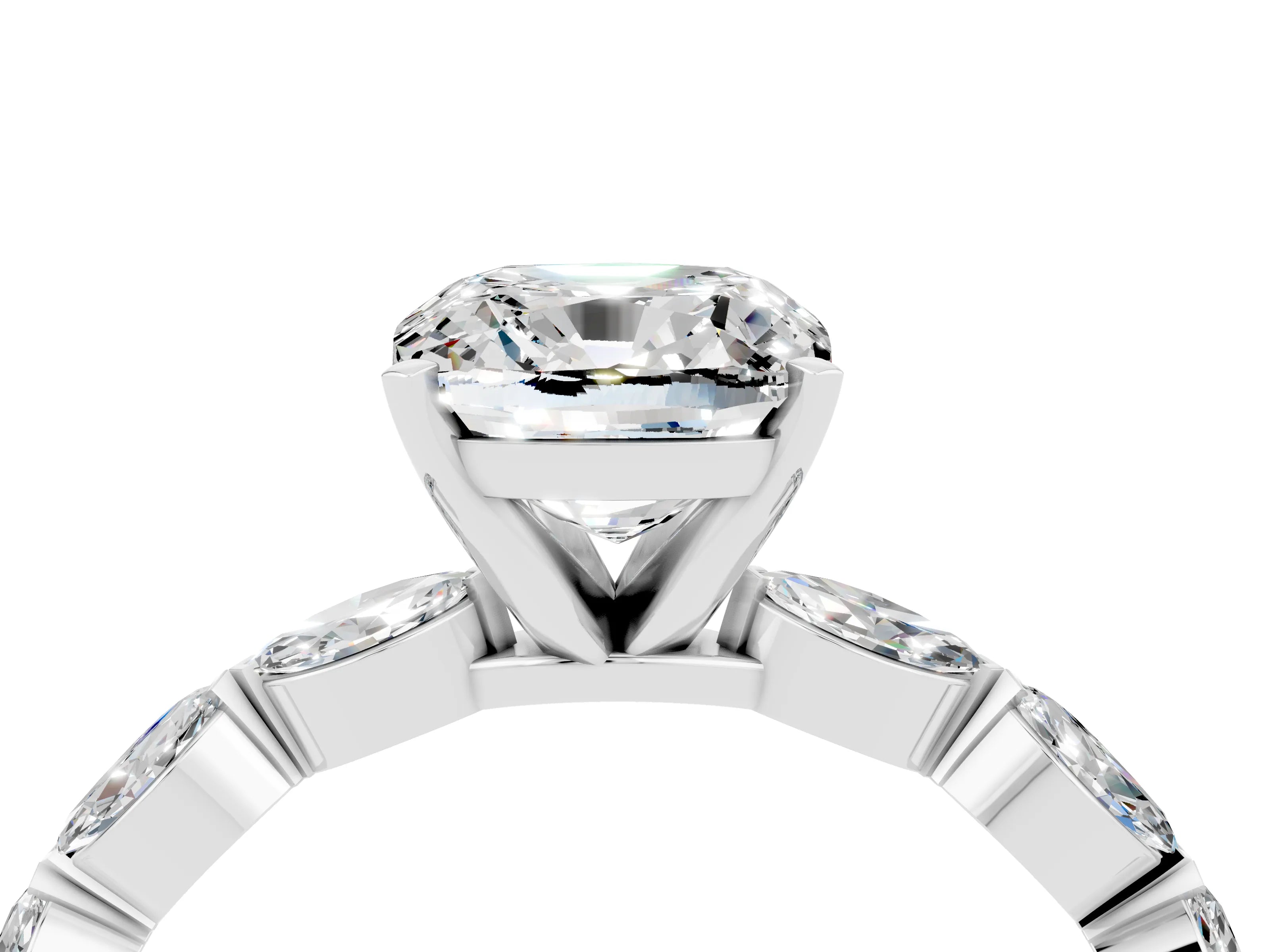 White gold Cushion Cut Moissanite Ring with Marquise Side Stones and Prong Setting_4