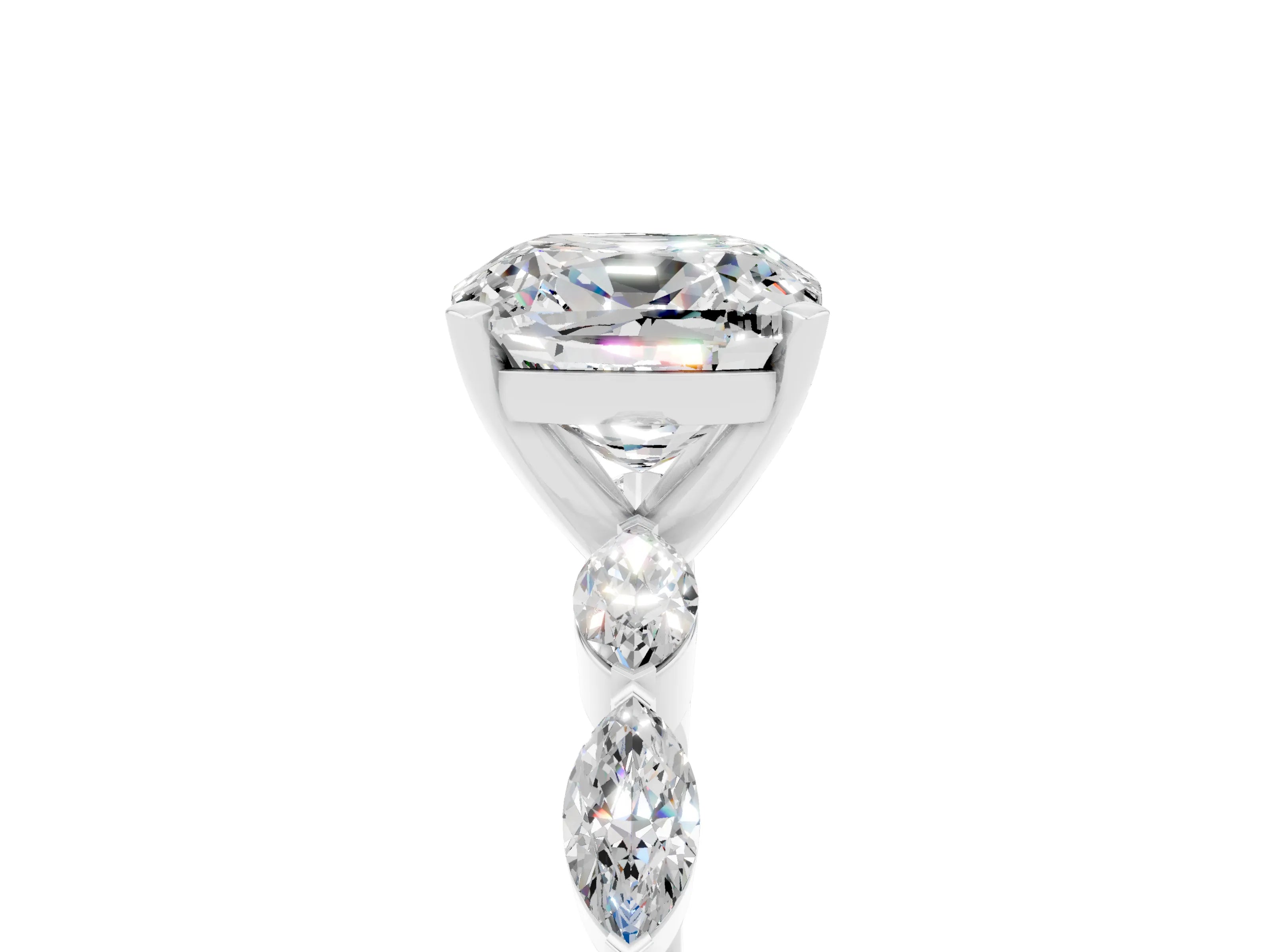 White gold Cushion Cut Moissanite Ring with Marquise Side Stones and Prong Setting_5