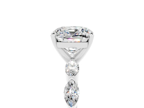 White gold Cushion Cut Moissanite Ring with Marquise Side Stones and Prong Setting_5