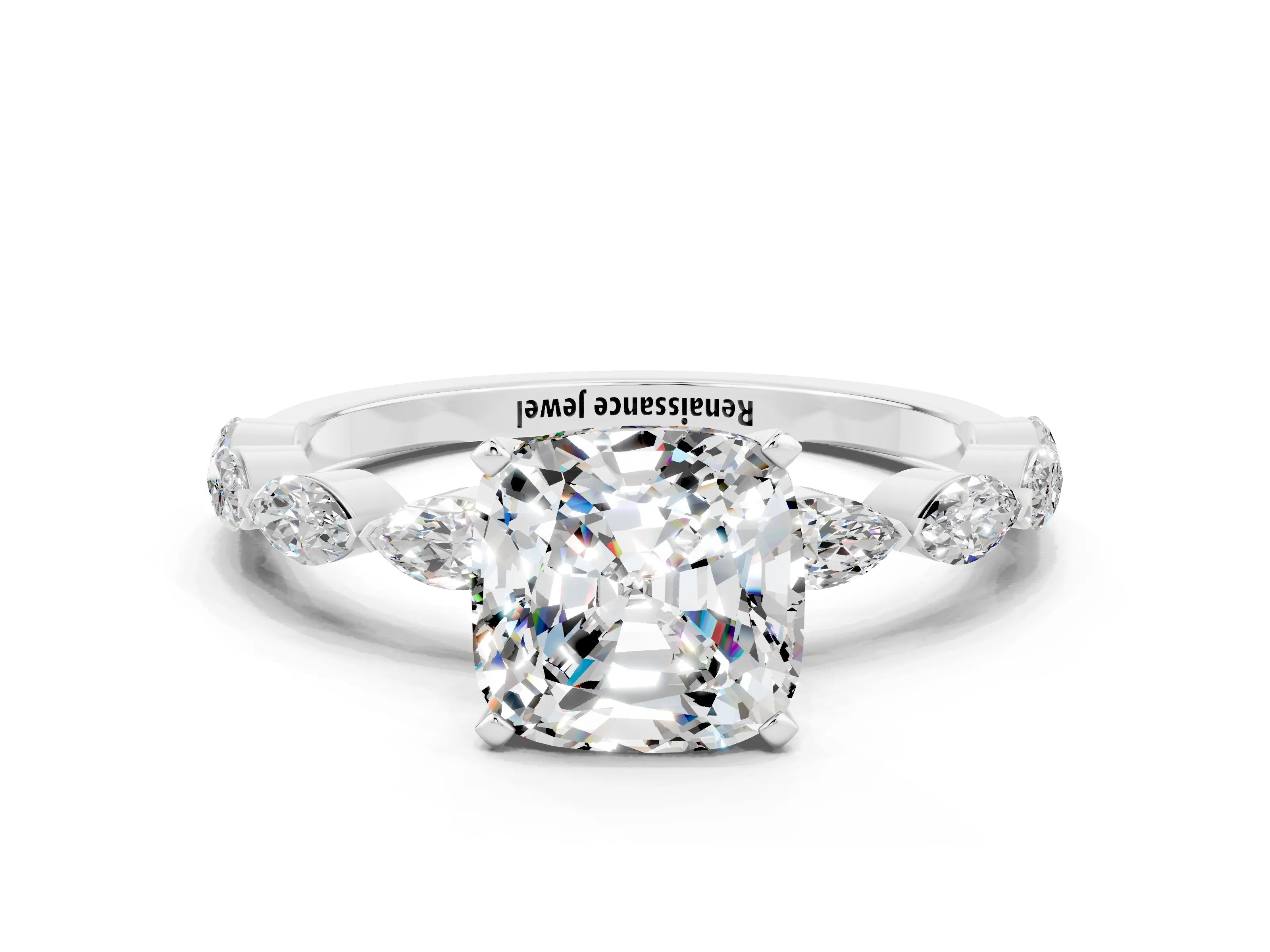 White gold Cushion Cut Moissanite Ring with Marquise Side Stones and Prong Setting
