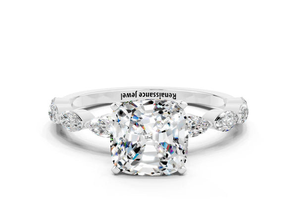White gold Cushion Cut Moissanite Ring with Marquise Side Stones and Prong Setting
