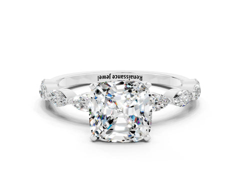 White gold Cushion Cut Moissanite Ring with Marquise Side Stones and Prong Setting