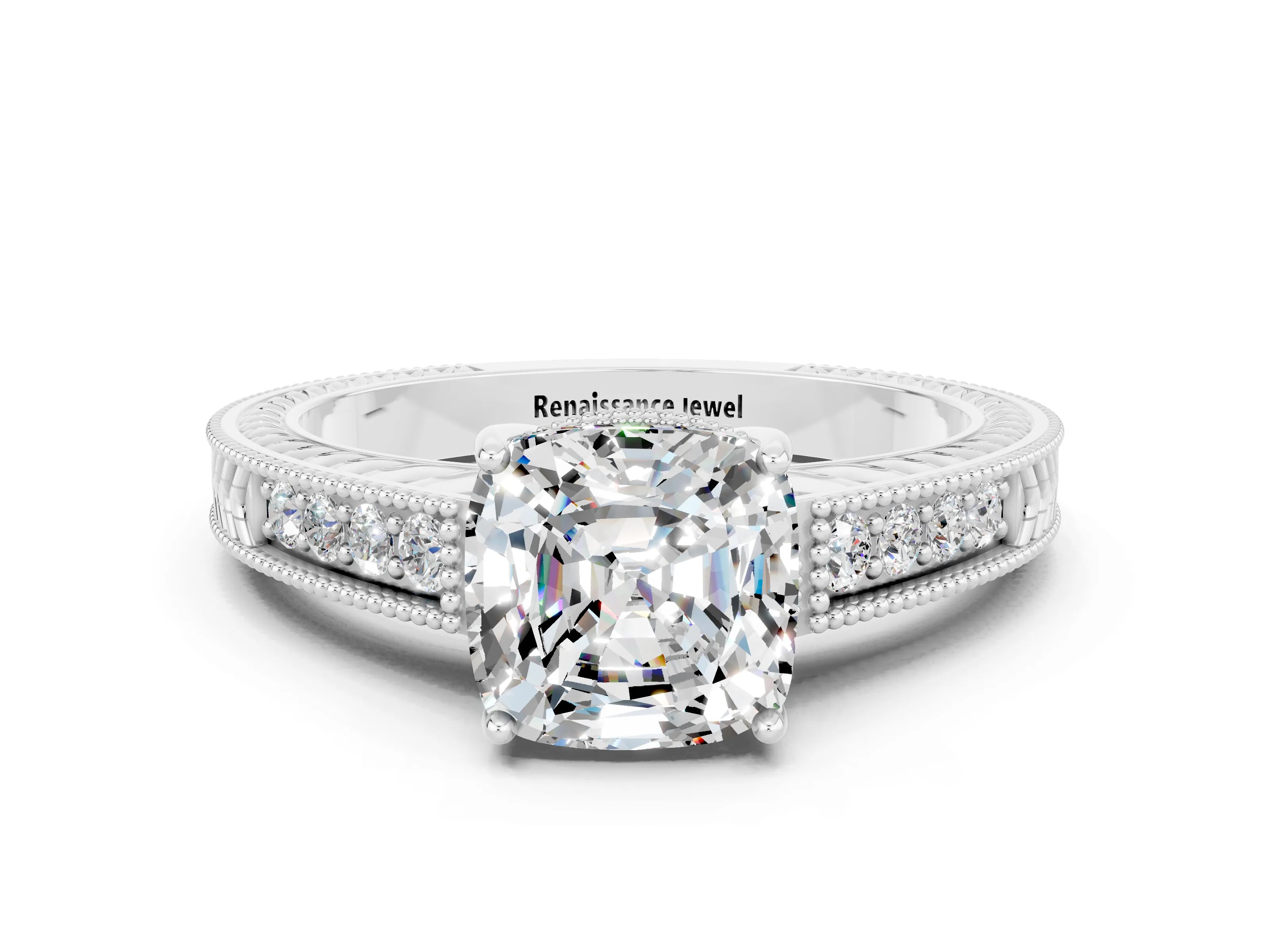 White gold Cushion Cut Moissanite Ring with Milgrain Pavé Band and Four-Prong Setting_12