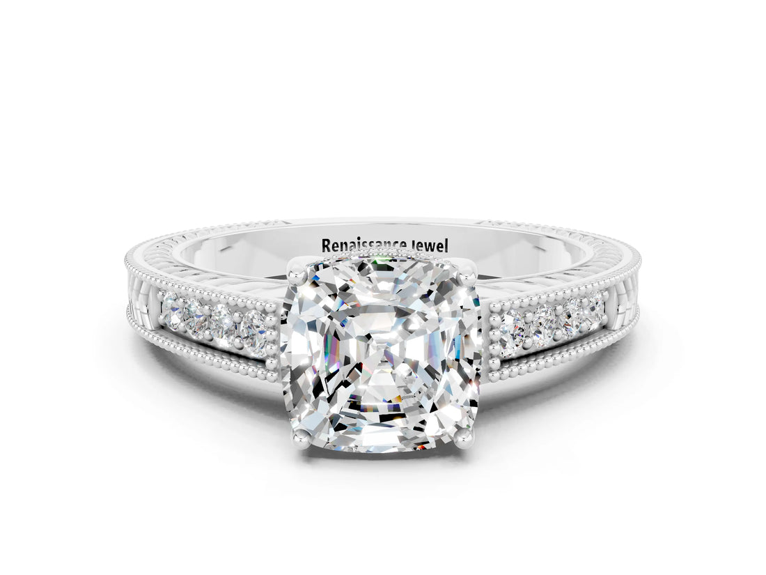 White gold Cushion Cut Moissanite Ring with Milgrain Pavé Band and Four-Prong Setting_12