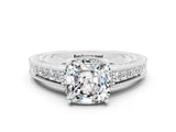 White gold Cushion Cut Moissanite Ring with Milgrain Pavé Band and Four-Prong Setting_12