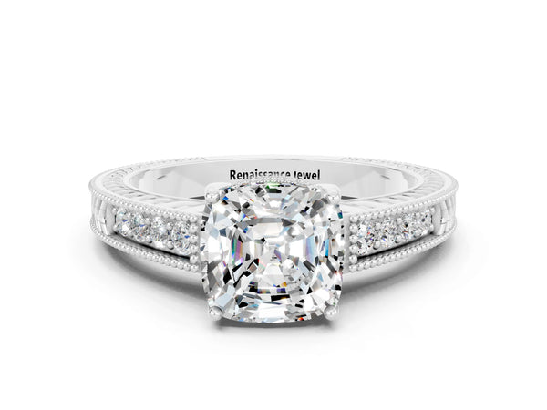 Silver Cushion Cut Moissanite Ring with Milgrain Pavé Band and Four-Prong Setting