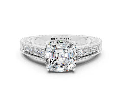 White gold Cushion Cut Moissanite Ring with Milgrain Pavé Band and Four-Prong Setting_12