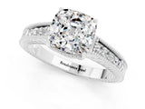 White gold Cushion Cut Moissanite Ring with Milgrain Pavé Band and Four-Prong Setting_13