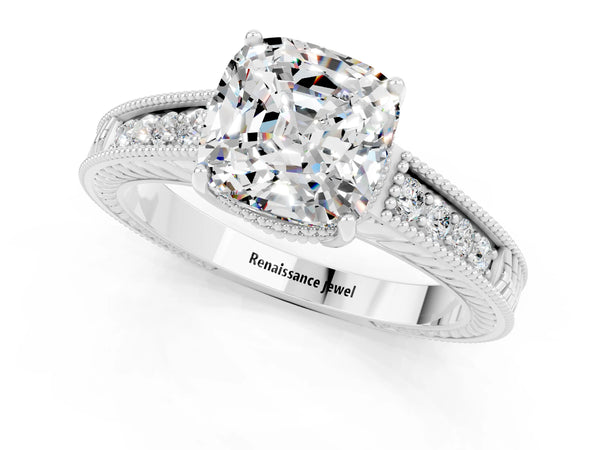 White gold Cushion Cut Moissanite Ring with Milgrain Pavé Band and Four-Prong Setting