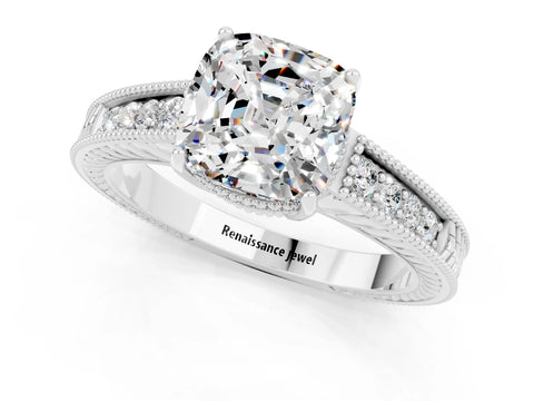 White gold Cushion Cut Moissanite Ring with Milgrain Pavé Band and Four-Prong Setting_13