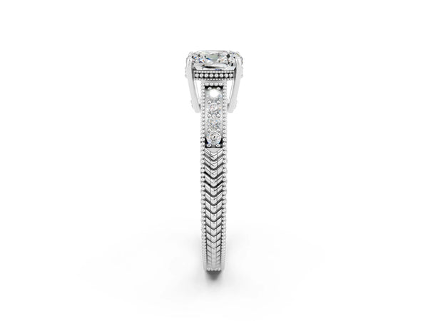 Platinum Cushion Cut Moissanite Ring with Milgrain Pavé Band and Four-Prong Setting