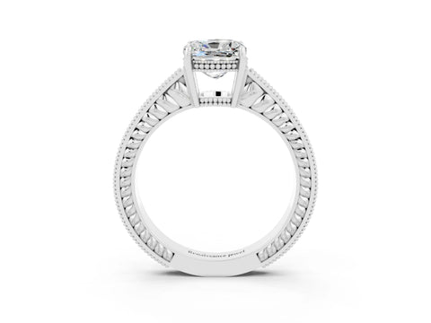 White gold Cushion Cut Moissanite Ring with Milgrain Pavé Band and Four-Prong Setting_15