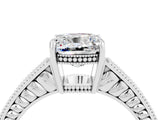White gold Cushion Cut Moissanite Ring with Milgrain Pavé Band and Four-Prong Setting_16