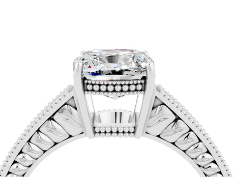 White gold Cushion Cut Moissanite Ring with Milgrain Pavé Band and Four-Prong Setting_16