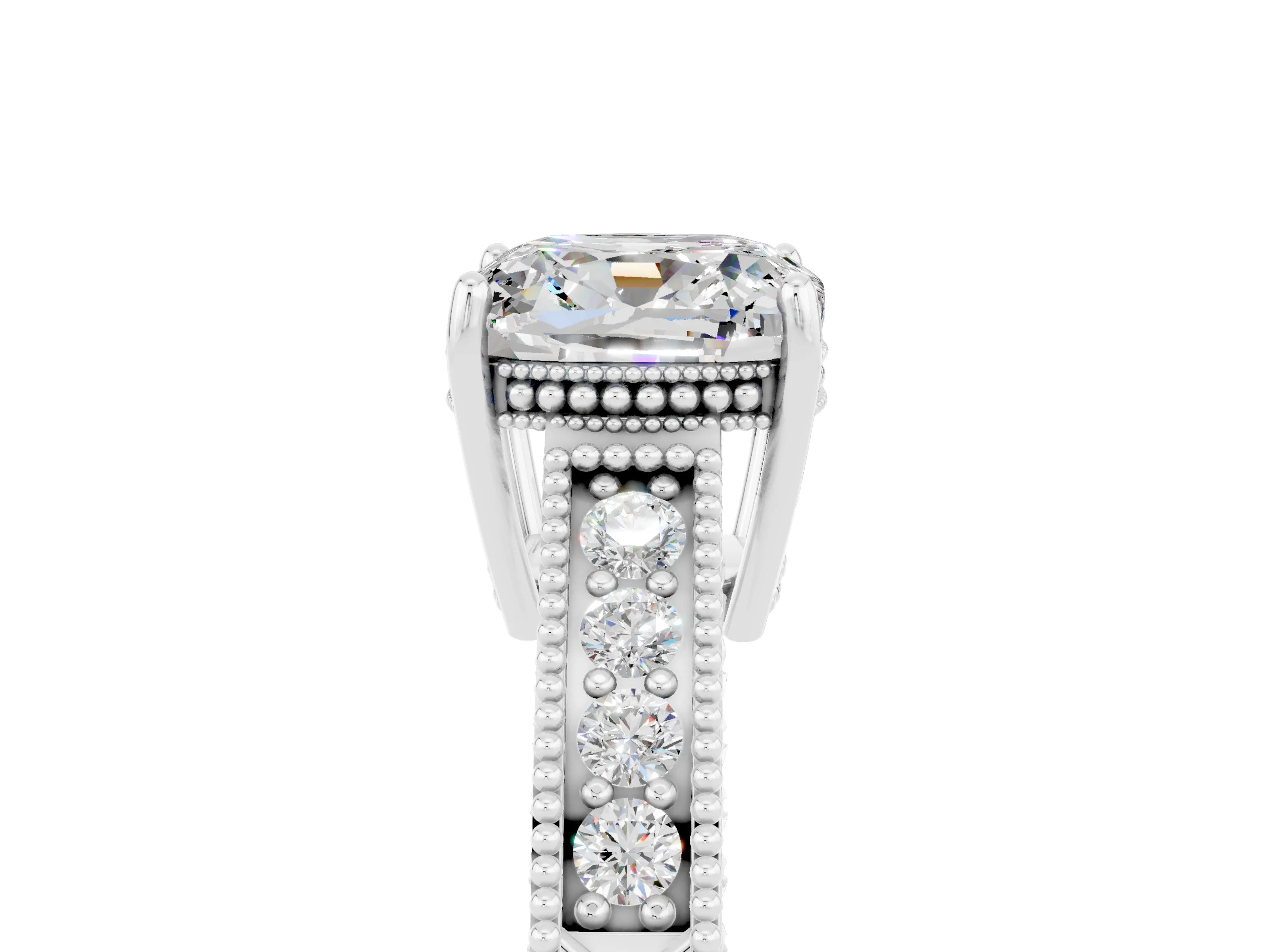 White gold Cushion Cut Moissanite Ring with Milgrain Pavé Band and Four-Prong Setting_17