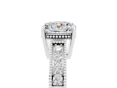 White gold Cushion Cut Moissanite Ring with Milgrain Pavé Band and Four-Prong Setting_17