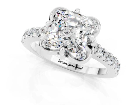 White gold Cushion Cut Moissanite Ring with Pavé Band and Floral Prong Setting_1
